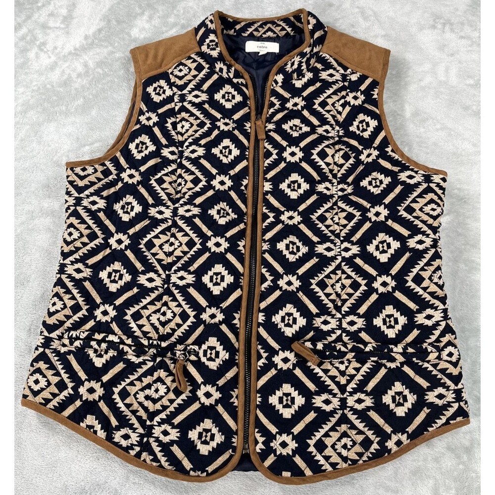 ENTRO Quilted Western Vest Full Zip Pockets Womens Large Aztec Southwestern